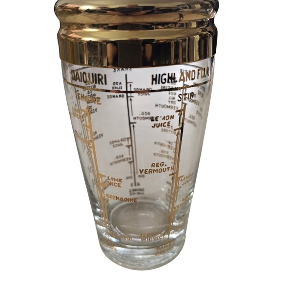 Vintage Mid Century Gold Recipe Glass Cocktail Shaker Martini Manhattan Bronx - Picture 5 of 12